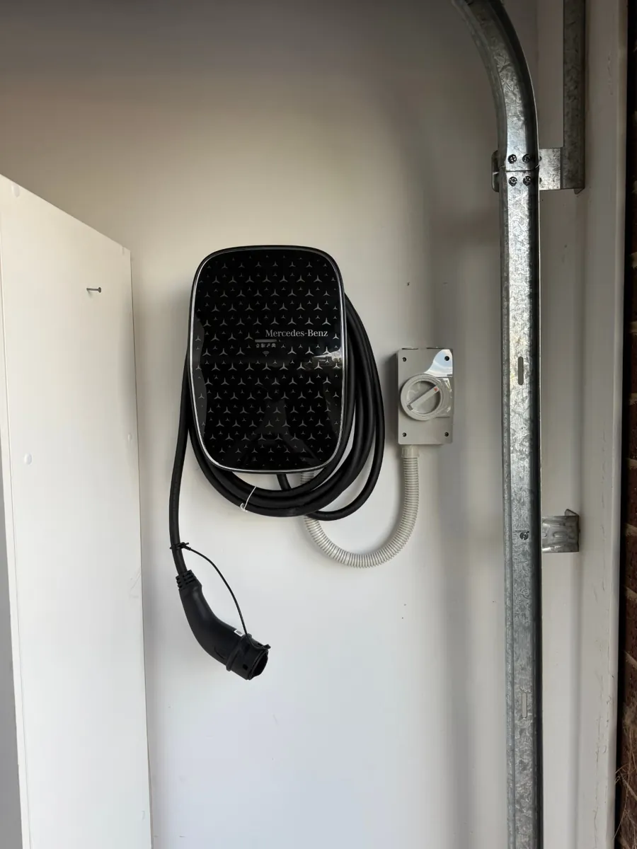 Mercedes-Benz wall box EV charger installed in a garage