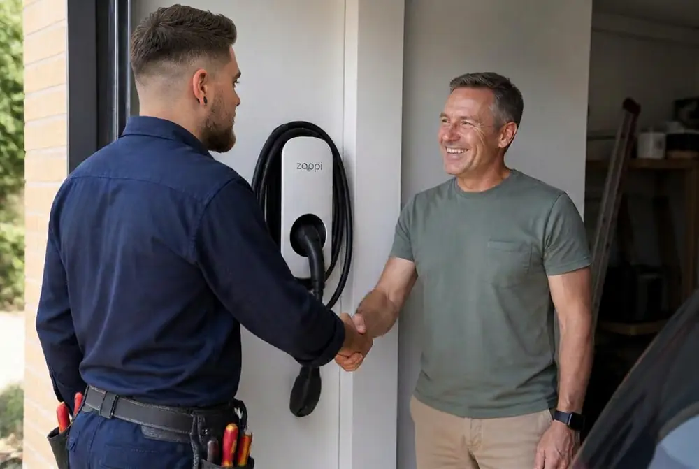 Marcus from AmpTek shaking hands with a happy homeowner beside a newly installed EV charger