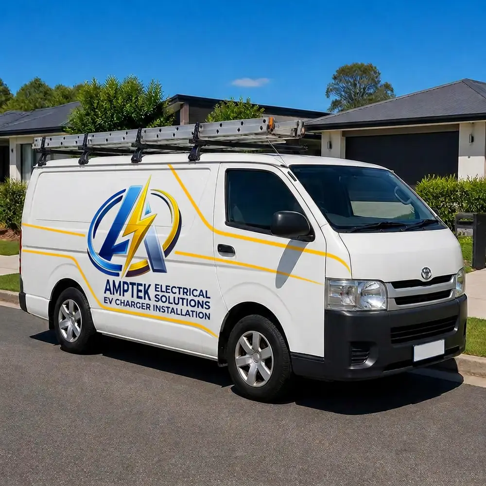 AmpTek Electrical Solutions work van parked outside a Melbourne home